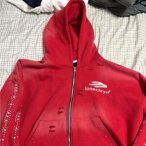 Red Lonechryst Hoodie with Rhinestone Accents (rhinestones on front missing)